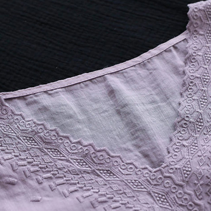 Maglietta da donna in cotone e lino con maniche corte, modello estivo casual ricamato con Buddha Stones scollo a V - image 2