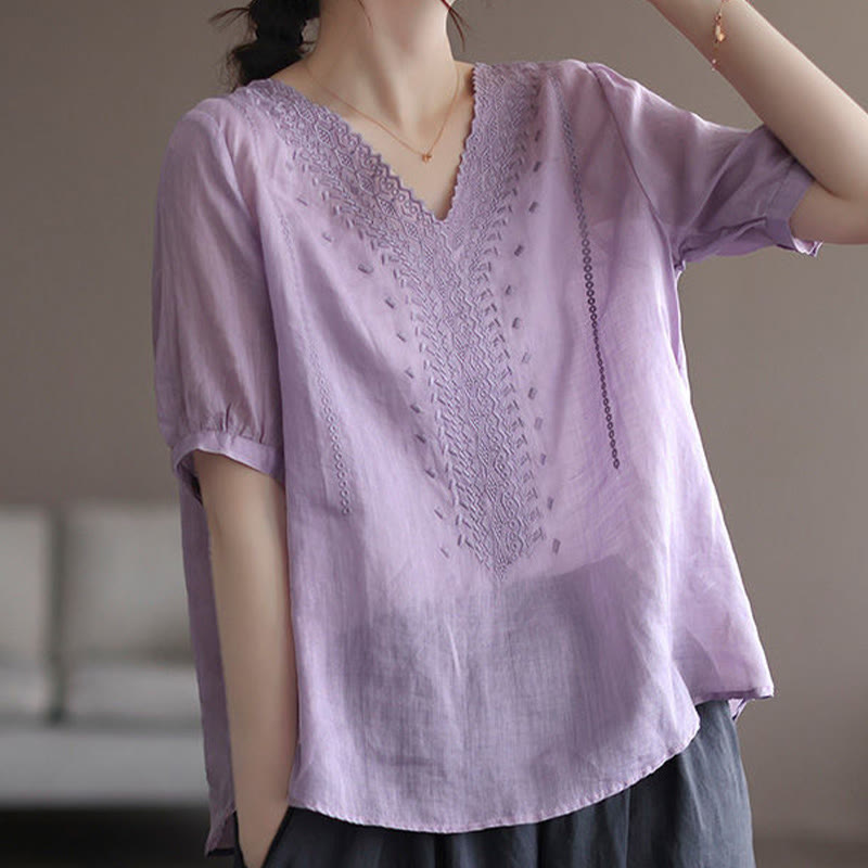 Maglietta da donna in cotone e lino con maniche corte, modello estivo casual ricamato con Buddha Stones scollo a V - Prugna - US8-10, UK/AU12-14, EU40-42 (2XL) - image 0