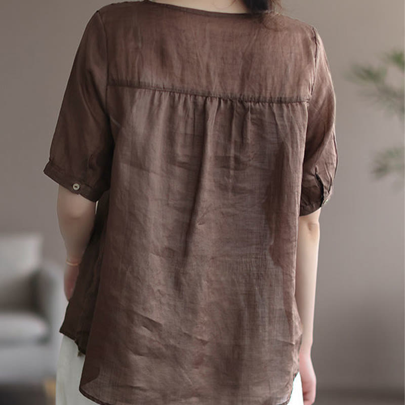 Maglietta da donna in cotone e lino con maniche corte, modello estivo casual ricamato con Buddha Stones scollo a V - image 9