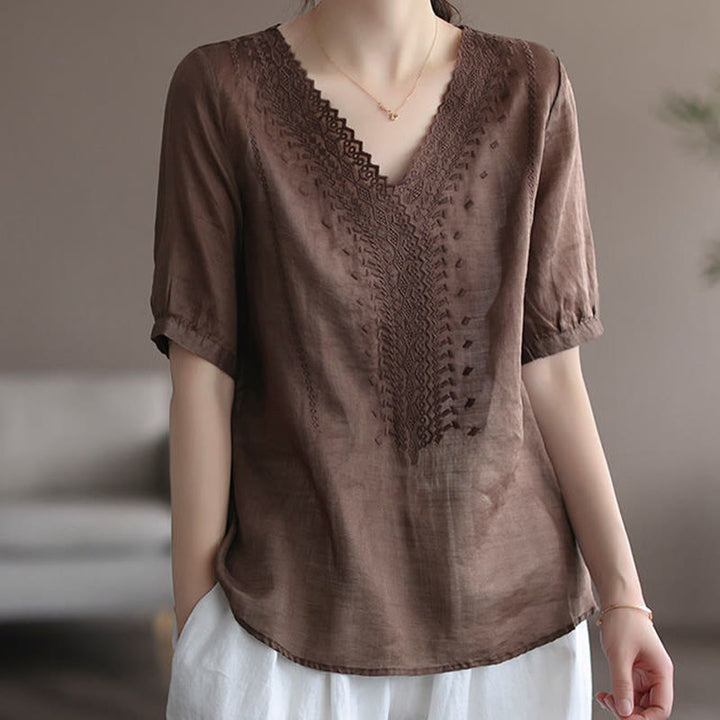 Maglietta da donna in cotone e lino con maniche corte, modello estivo casual ricamato con Buddha Stones scollo a V - Siena - US8-10, UK/AU12-14, EU40-42 (2XL) - image 6
