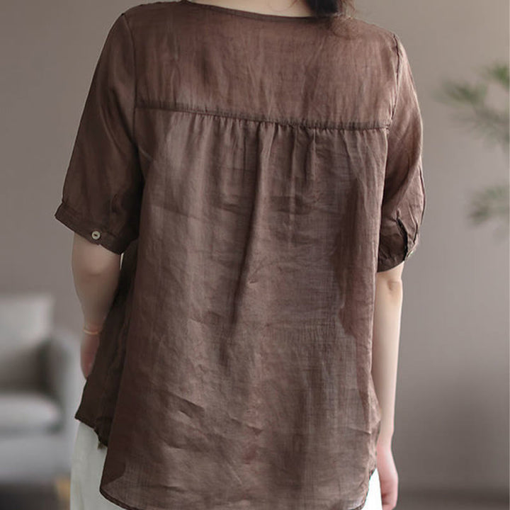 Maglietta da donna in cotone e lino con maniche corte, modello estivo casual ricamato con Buddha Stones scollo a V - image 9