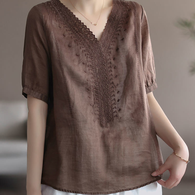 Maglietta da donna in cotone e lino con maniche corte, modello estivo casual ricamato con Buddha Stones scollo a V - image 8