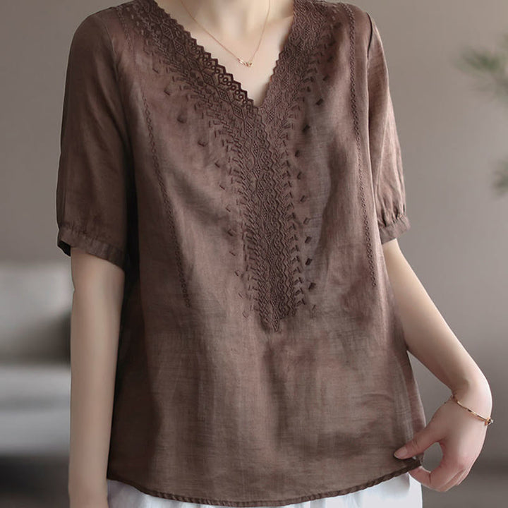 Maglietta da donna in cotone e lino con maniche corte, modello estivo casual ricamato con Buddha Stones scollo a V - image 8