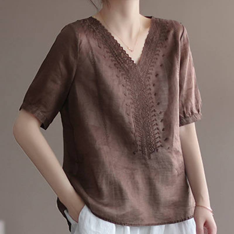 Maglietta da donna in cotone e lino con maniche corte, modello estivo casual ricamato con Buddha Stones scollo a V - image 7