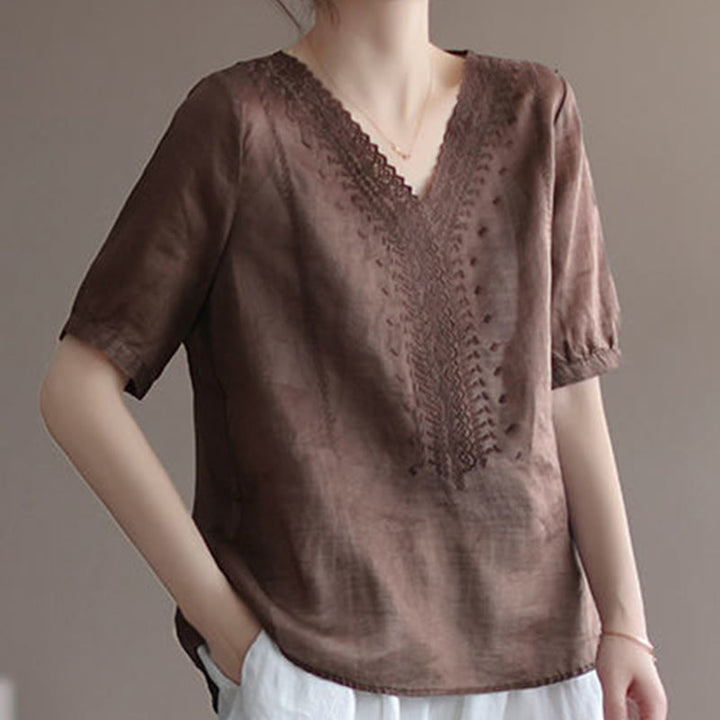 Maglietta da donna in cotone e lino con maniche corte, modello estivo casual ricamato con Buddha Stones scollo a V - image 7