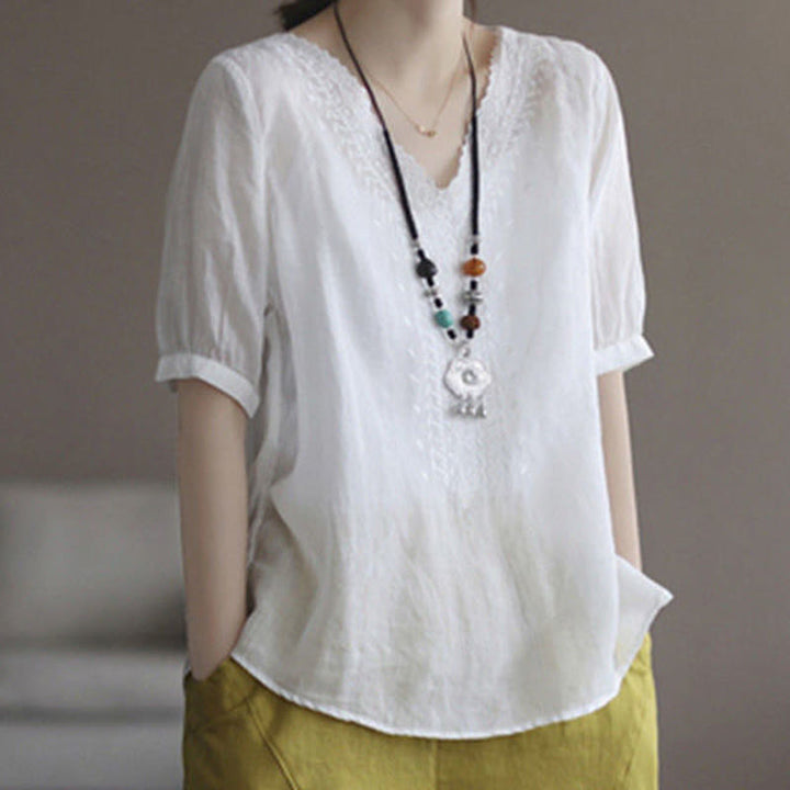 Maglietta da donna in cotone e lino con maniche corte, modello estivo casual ricamato con Buddha Stones scollo a V - Bianco - US8-10, UK/AU12-14, EU40-42 (2XL) - image 10