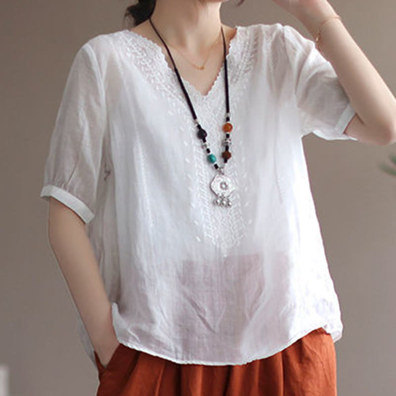 Maglietta da donna in cotone e lino con maniche corte, modello estivo casual ricamato con Buddha Stones scollo a V - image 11