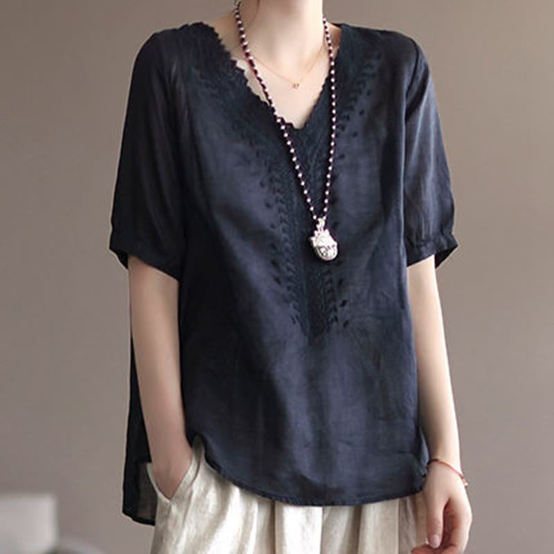 Maglietta da donna in cotone e lino con maniche corte, modello estivo casual ricamato con Buddha Stones scollo a V - image 14