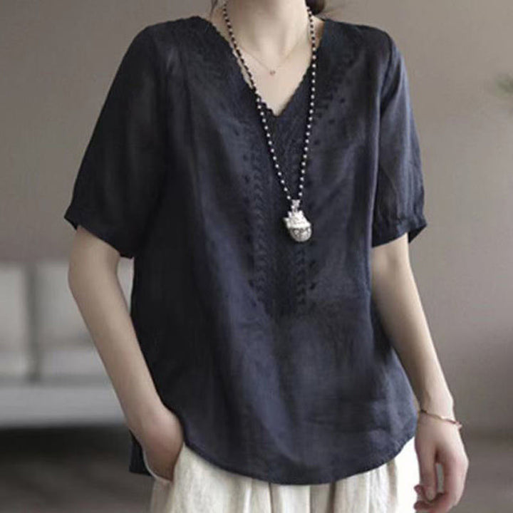 Maglietta da donna in cotone e lino con maniche corte, modello estivo casual ricamato con Buddha Stones scollo a V - Nero - US8-10, UK/AU12-14, EU40-42 (2XL) - image 12