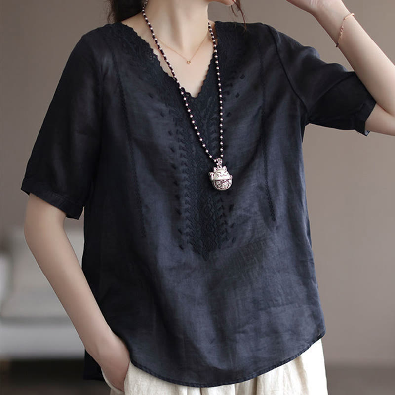 Maglietta da donna in cotone e lino con maniche corte, modello estivo casual ricamato con Buddha Stones scollo a V - image 13