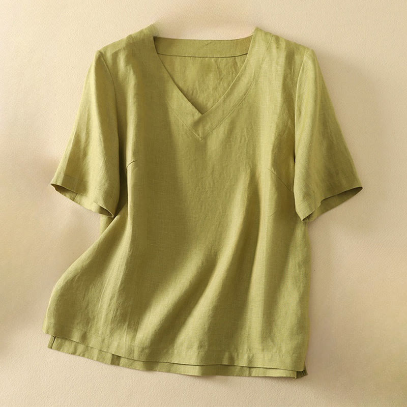 Maglietta da donna in cotone con scollo a V, manica corta, casual, estiva, tinta unita , Buddha Stones - GialloVerde - US8-10, UK/AU12-14, EU40-42 (2XL) - image 0