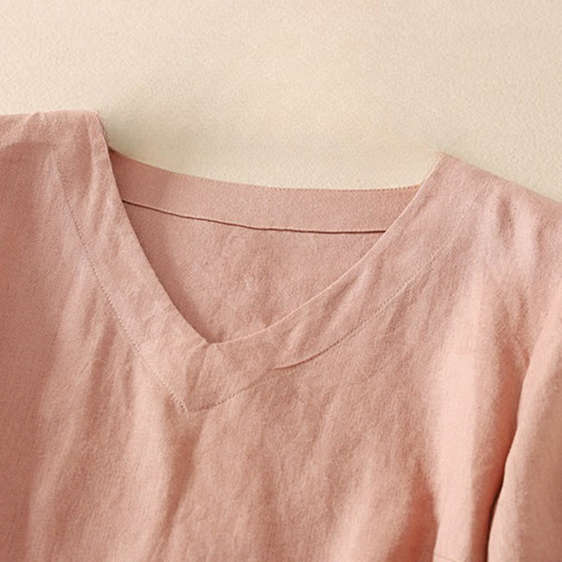 Maglietta da donna in cotone con scollo a V, manica corta, casual, estiva, tinta unita , Buddha Stones - image 6