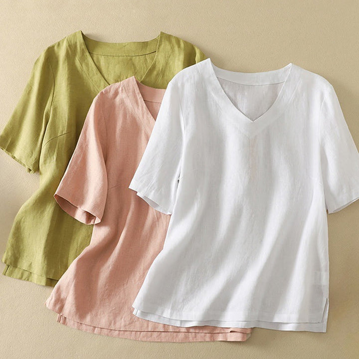 Maglietta da donna in cotone con scollo a V, manica corta, casual, estiva, tinta unita , Buddha Stones - image 20