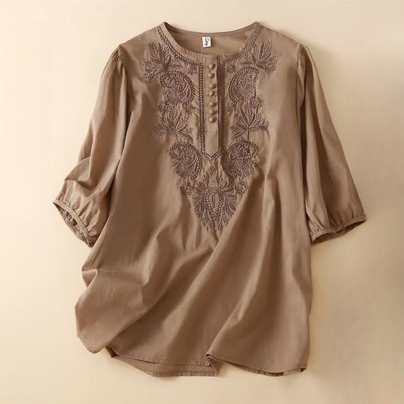 Camicia casual da donna in cotone e lino con maniche corte, modello girocollo, motivo floreale ricamato, motivo Buddha Stones - Marrone sella - US8-10, UK/AU12-14, EU40-42 (2XL) - image 0