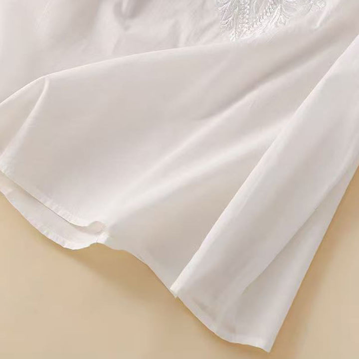 Camicia casual da donna in cotone e lino con maniche corte, modello girocollo, motivo floreale ricamato, motivo Buddha Stones - image 11