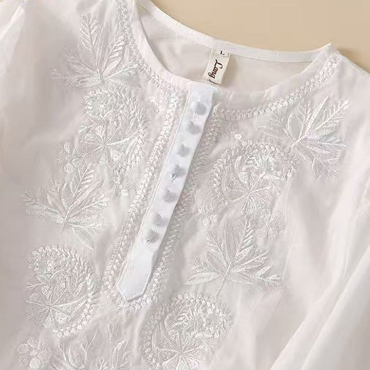 Camicia casual da donna in cotone e lino con maniche corte, modello girocollo, motivo floreale ricamato, motivo Buddha Stones - image 13