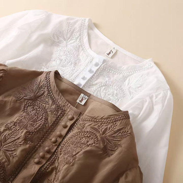 Camicia casual da donna in cotone e lino con maniche corte, modello girocollo, motivo floreale ricamato, motivo Buddha Stones - image 15