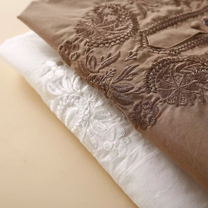 Camicia casual da donna in cotone e lino con maniche corte, modello girocollo, motivo floreale ricamato, motivo Buddha Stones - image 16