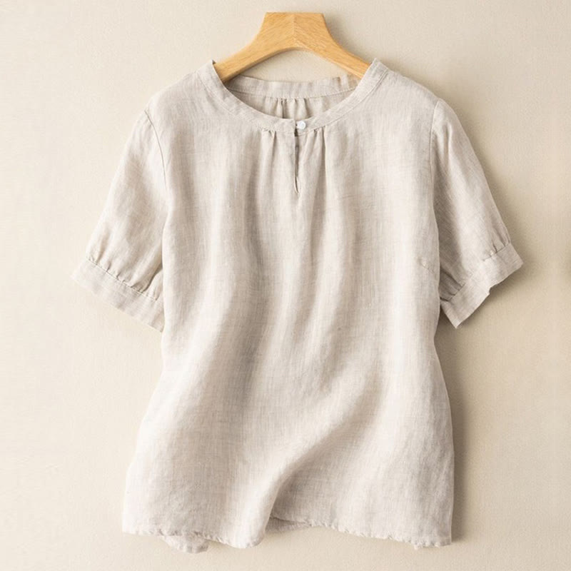 Camicia casual da donna in cotone e lino con scollo a giro semplice e bottoni, manica corta, modello Buddha Stones - Beige - US8-10, UK/AU12-14, EU40-42 (2XL) - image 0