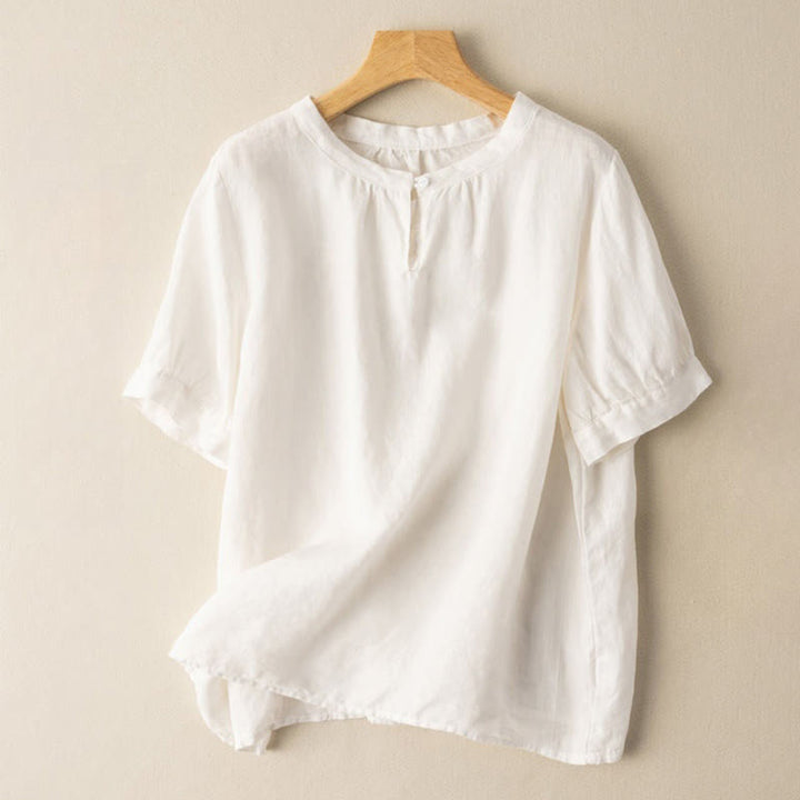Camicia casual da donna in cotone e lino con scollo a giro semplice e bottoni, manica corta, modello Buddha Stones - Nevicare - US8-10, UK/AU12-14, EU40-42 (2XL) - image 2