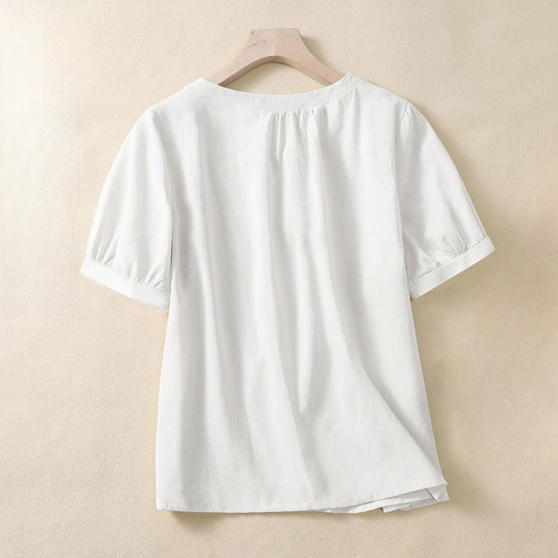 Camicia da donna casual a maniche corte con scollo rotondo e bottoni, con stampa Buddha Stones. - image 3