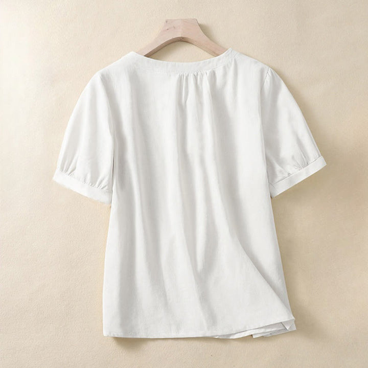 Camicia da donna casual a maniche corte con scollo rotondo e bottoni, con stampa Buddha Stones. - image 3