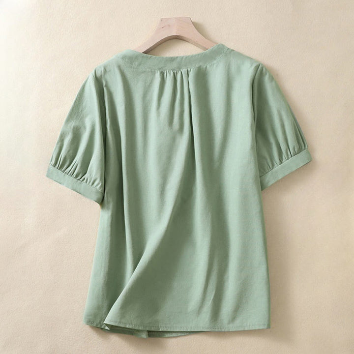 Camicia da donna casual a maniche corte con scollo rotondo e bottoni, con stampa Buddha Stones. - Verde Mare Scuro - US8-10, UK/AU12-14, EU40-42 (2XL) - image 4