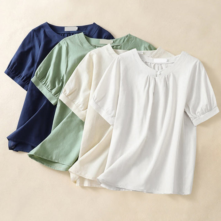 Camicia da donna casual a maniche corte con scollo rotondo e bottoni, con stampa Buddha Stones. - image 10