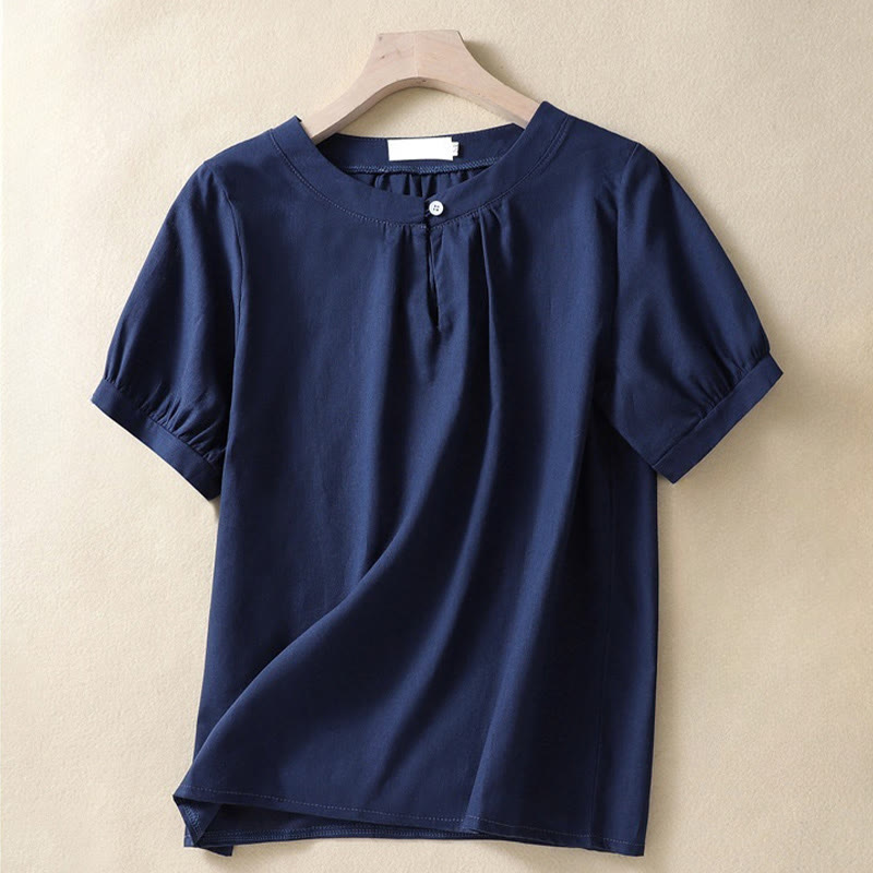 Camicia casual da donna in cotone e lino con scollo a giro semplice e bottoni, manica corta, modello Buddha Stones - Marina - US8-10, UK/AU12-14, EU40-42 (2XL) - image 6