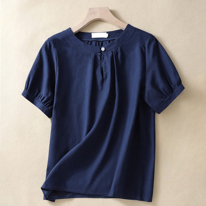 Camicia casual da donna in cotone e lino con scollo a giro semplice e bottoni, manica corta, modello Buddha Stones - Marina - US8-10, UK/AU12-14, EU40-42 (2XL) - image 6