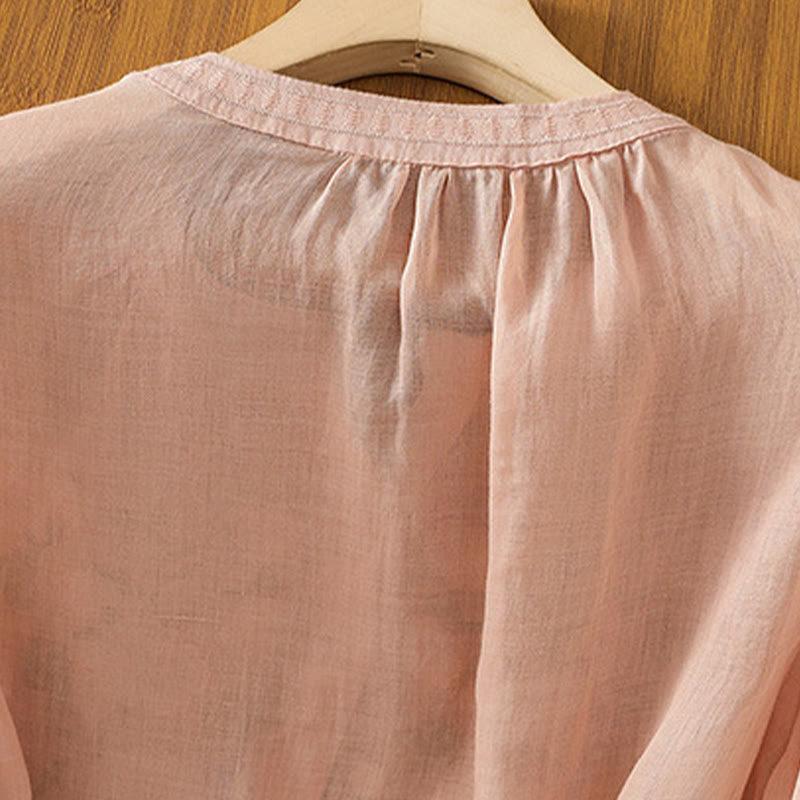 Camicia casual da donna in cotone e lino con scollo a V, maniche corte, motivo ricamato con fiori e foglie verdi, motivo Buddha Stones - image 5