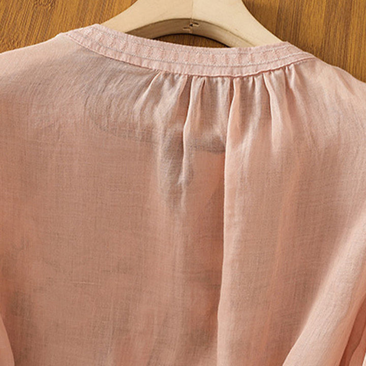 Camicia casual da donna in cotone e lino con scollo a V, maniche corte, motivo ricamato con fiori e foglie verdi, motivo Buddha Stones - image 5