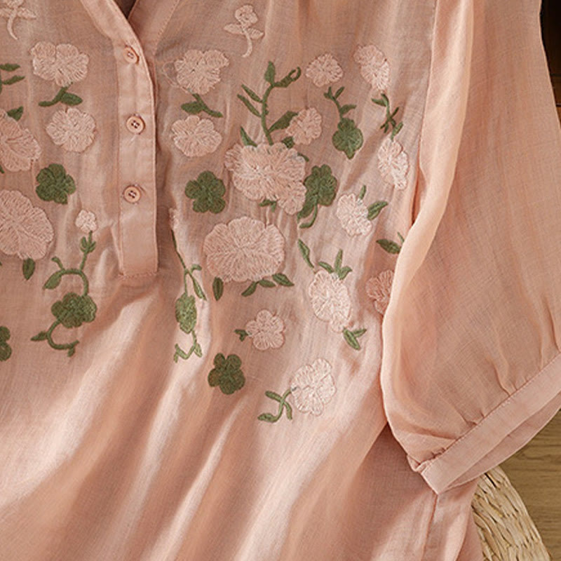 Camicia casual da donna in cotone e lino con scollo a V, maniche corte, motivo ricamato con fiori e foglie verdi, motivo Buddha Stones - image 8