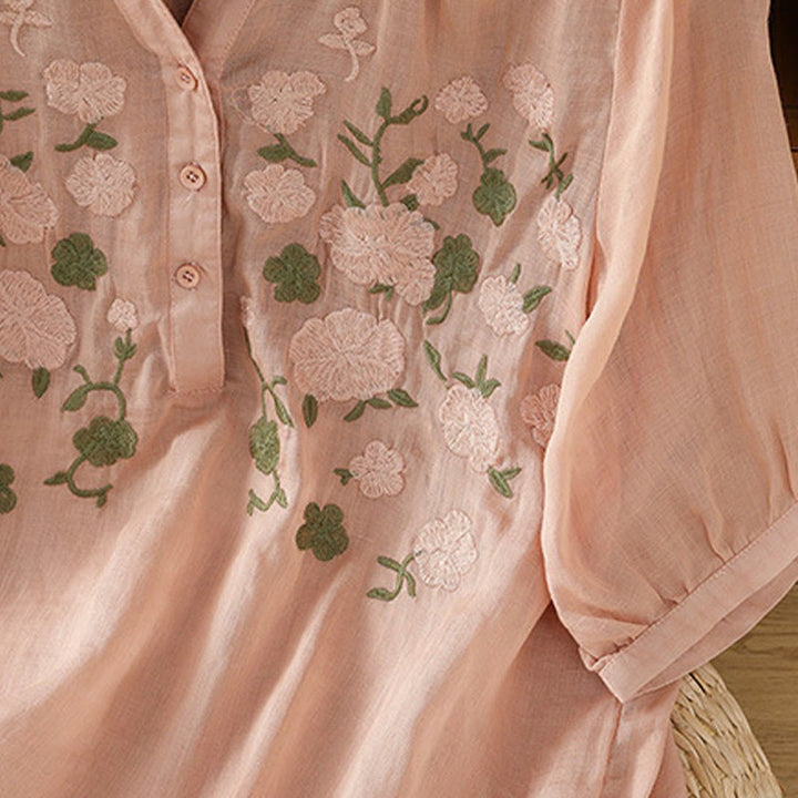 Camicia casual da donna in cotone e lino con scollo a V, maniche corte, motivo ricamato con fiori e foglie verdi, motivo Buddha Stones - image 8