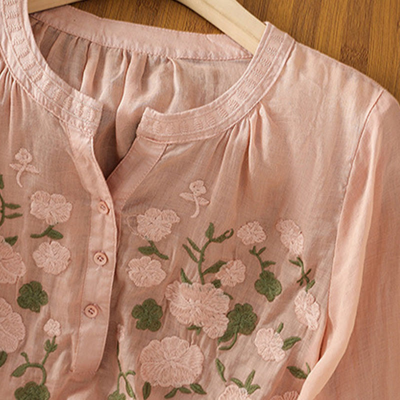Camicia casual da donna in cotone e lino con scollo a V, maniche corte, motivo ricamato con fiori e foglie verdi, motivo Buddha Stones - image 2