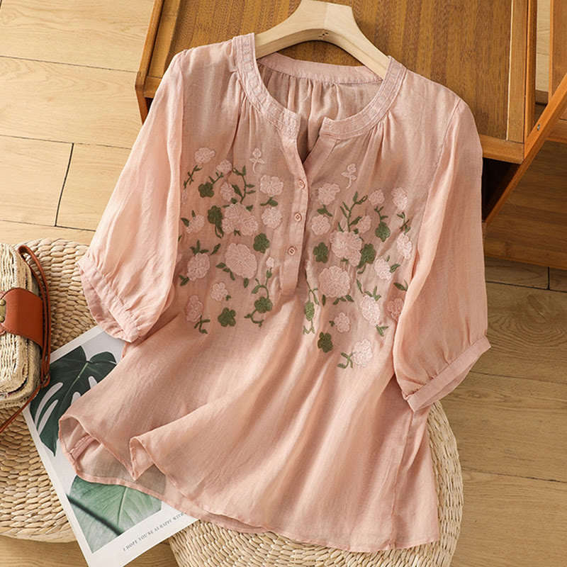 Camicia casual da donna in cotone e lino con scollo a V, maniche corte, motivo ricamato con fiori e foglie verdi, motivo Buddha Stones - image 1