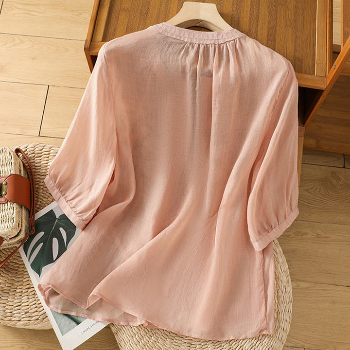Camicia casual da donna in cotone e lino con scollo a V, maniche corte, motivo ricamato con fiori e foglie verdi, motivo Buddha Stones - image 4