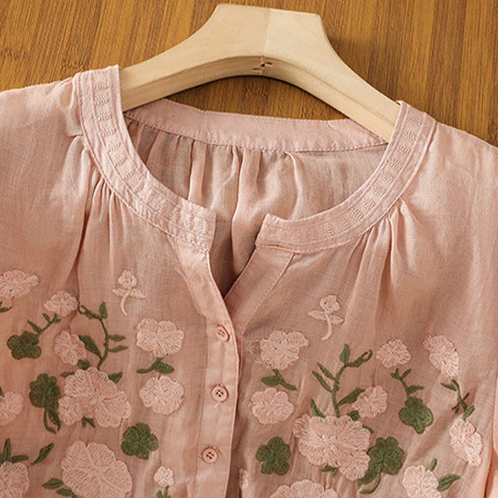 Camicia casual da donna in cotone e lino con scollo a V, maniche corte, motivo ricamato con fiori e foglie verdi, motivo Buddha Stones - image 7