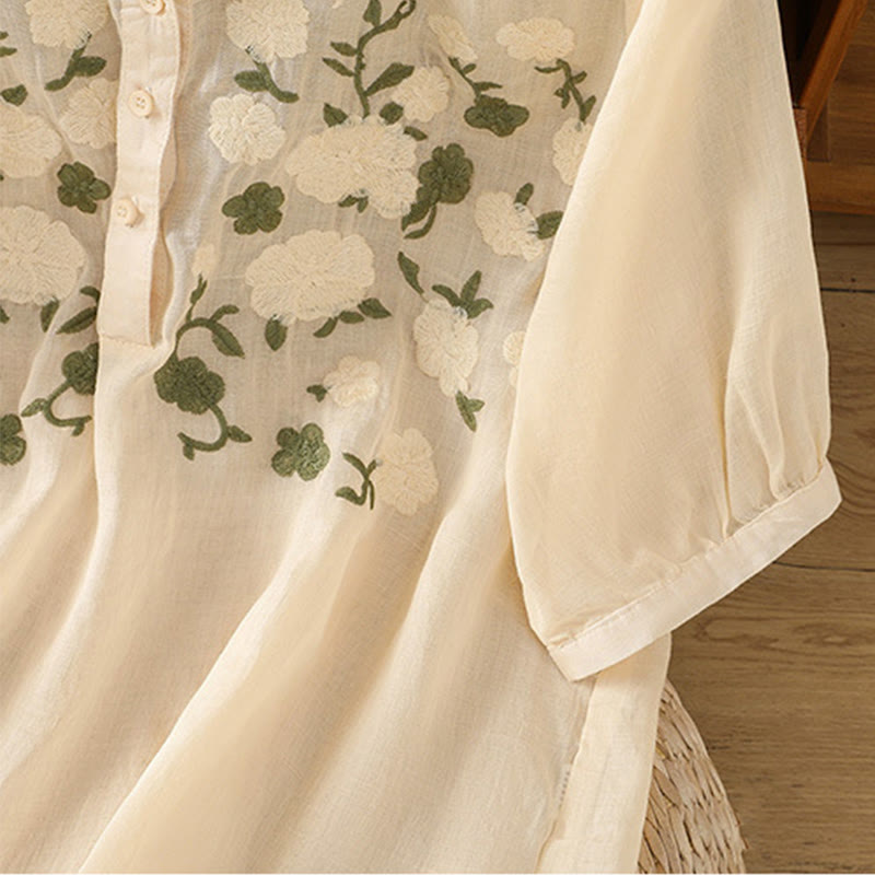 Camicia casual da donna in cotone e lino con scollo a V, maniche corte, motivo ricamato con fiori e foglie verdi, motivo Buddha Stones - image 15