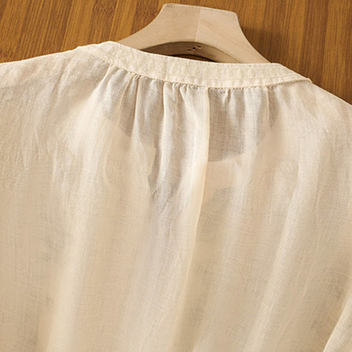 Camicia casual da donna in cotone e lino con scollo a V, maniche corte, motivo ricamato con fiori e foglie verdi, motivo Buddha Stones - image 14