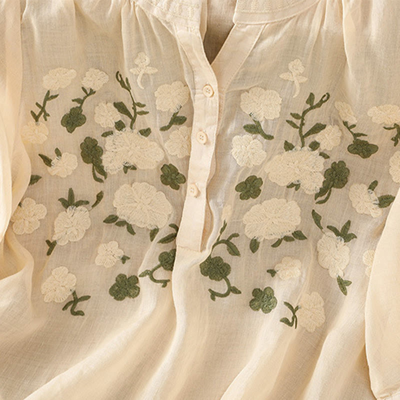 Camicia casual da donna in cotone e lino con scollo a V, maniche corte, motivo ricamato con fiori e foglie verdi, motivo Buddha Stones - image 10