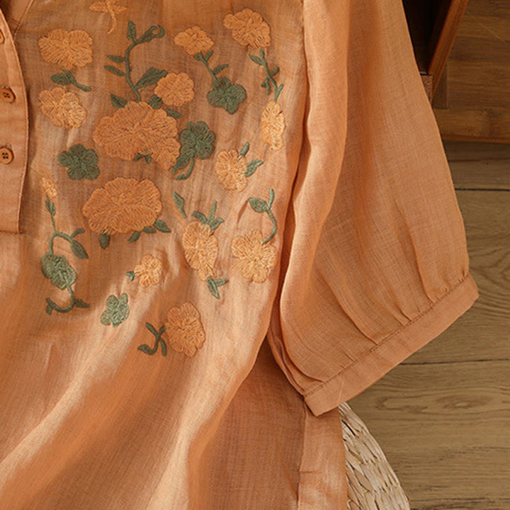 Camicia casual da donna in cotone e lino con scollo a V, maniche corte, motivo ricamato con fiori e foglie verdi, motivo Buddha Stones - image 18