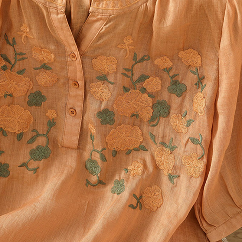 Camicia casual da donna in cotone e lino con scollo a V, maniche corte, motivo ricamato con fiori e foglie verdi, motivo Buddha Stones - image 17