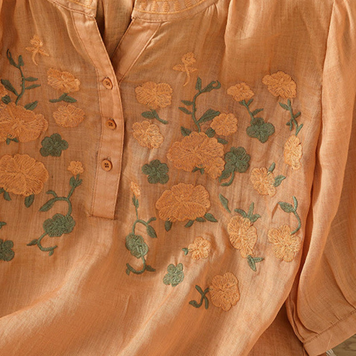 Camicia casual da donna in cotone e lino con scollo a V, maniche corte, motivo ricamato con fiori e foglie verdi, motivo Buddha Stones - image 17