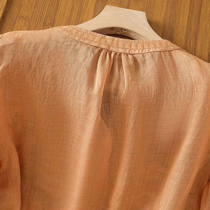 Camicia casual da donna in cotone e lino con scollo a V, maniche corte, motivo ricamato con fiori e foglie verdi, motivo Buddha Stones - image 21