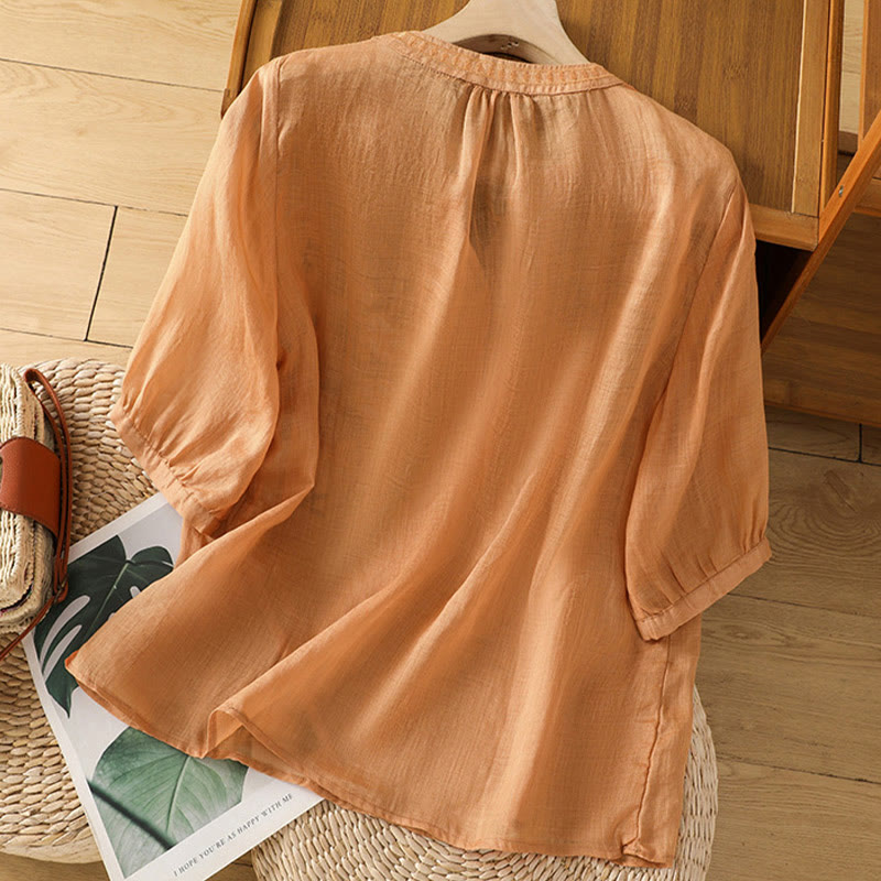 Camicia casual da donna in cotone e lino con scollo a V, maniche corte, motivo ricamato con fiori e foglie verdi, motivo Buddha Stones - image 20