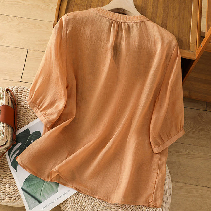 Camicia casual da donna in cotone e lino con scollo a V, maniche corte, motivo ricamato con fiori e foglie verdi, motivo Buddha Stones - image 20