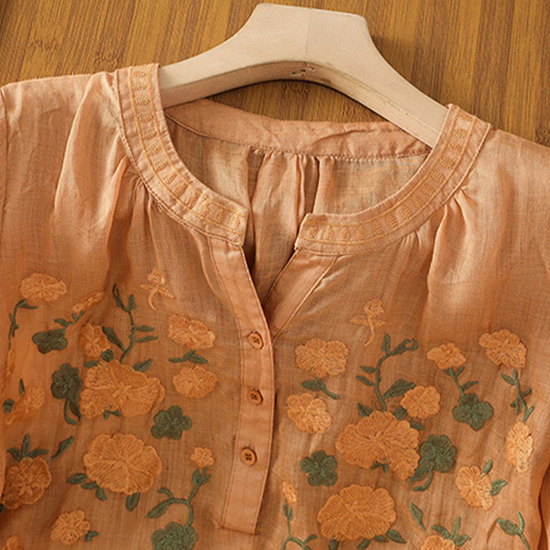 Camicia casual da donna in cotone e lino con scollo a V, maniche corte, motivo ricamato con fiori e foglie verdi, motivo Buddha Stones - image 22