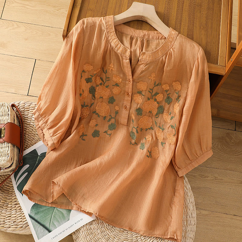 Camicia casual da donna in cotone e lino con scollo a V, maniche corte, motivo ricamato con fiori e foglie verdi, motivo Buddha Stones - SandyBrown - US8-10, UK/AU12-14, EU40-42 (2XL) - image 16