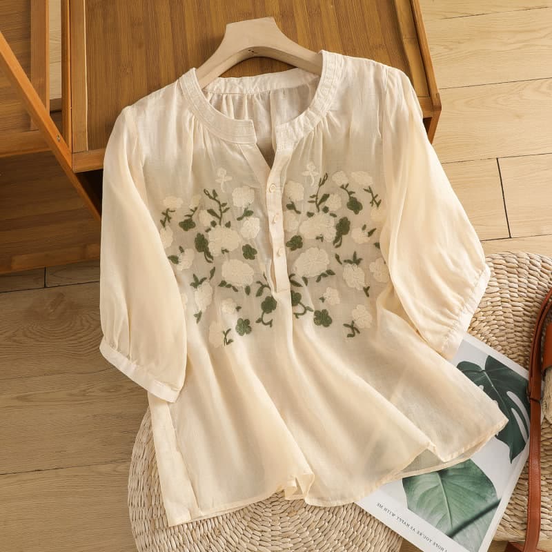 Camicia casual da donna in cotone e lino con scollo a V, maniche corte, motivo ricamato con fiori e foglie verdi, motivo Buddha Stones - PapayaWhip - US8-10, UK/AU12-14, EU40-42 (2XL) - image 9